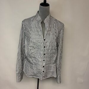 Jones New York Stripped Blouse Metallic Banded Collar Pleated Bodice Womens XL